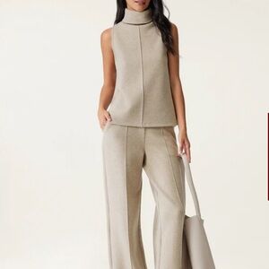 OGL Sleeveless Turtleneck Wide-Leg 2-Piece Set in Heather Beige